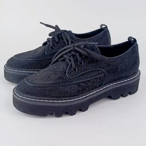 Bibi Lou Strass Sparkle Black Lace-Up Chunky Shoes Loafers Size 37 Bibilou CP